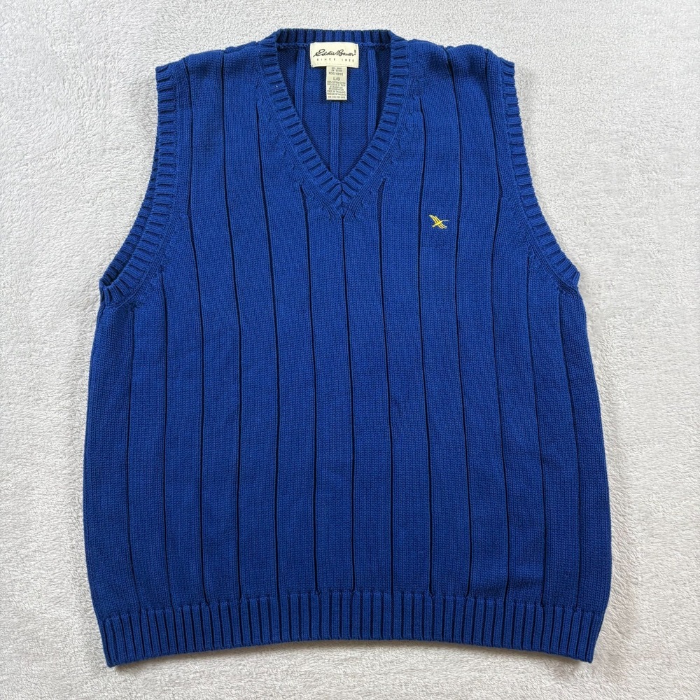 Vintage Eddie Bauer‎ Sweater Vest Mens Large Navy Blue Cotton Ribbed Knit V-Neck